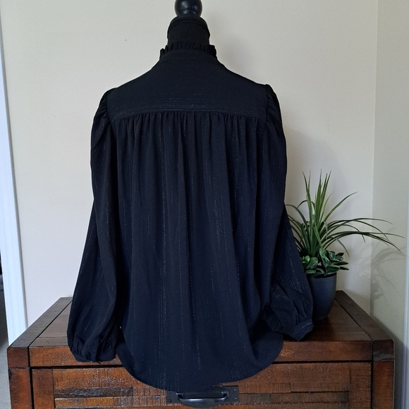 DKNY Women's Lurex Blouse Black Long Sleeve Ruffle Top Medium NWOT - Picture 3 of 12